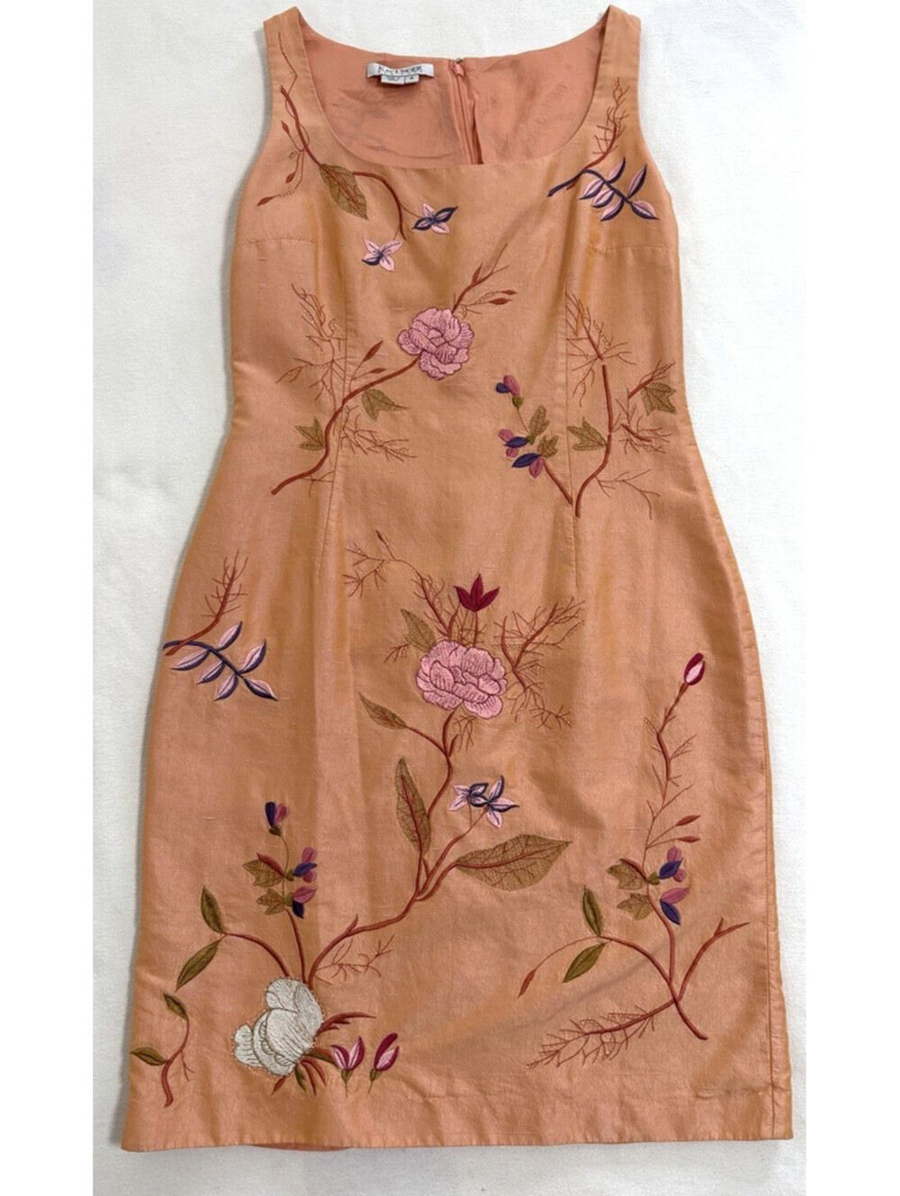Vintage Kay Unger Silk Linen Floral Embroidered Beaded Dress Peach Pink SZ 6